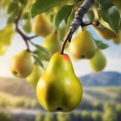 A tree with green pears hanging from it
