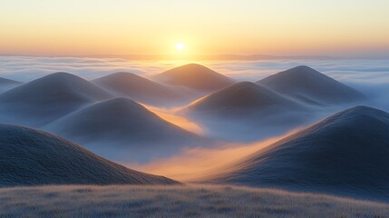 Misty Sunrise Over Rolling Hills Landscape