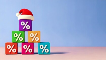 Colorful blocks displaying percentages are stacked, topped with a Santa hat, indicating holiday sales or promotions.