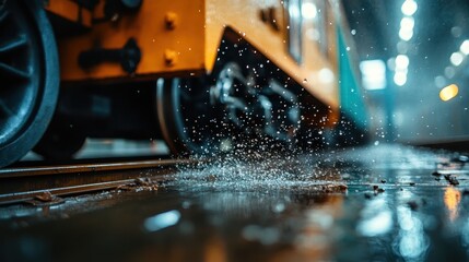 An expressively dramatic scene capturing a moving train in the rain, with water splashing along the tracks, emphasizing speed, vigor, and the emotion of travel.