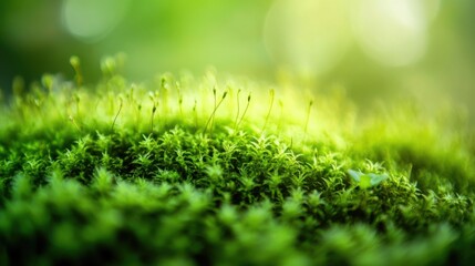 Fototapeta premium Green moss in the forest with bokeh background, macro shot.