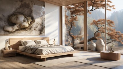 A bedroom with a large bed and a painting of a rock on the wall