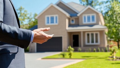 A business professional stands outside a modern home, holding a smartphone, suggesting a connection to real estate or property management.