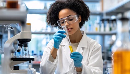 A scientist in a lab uses a test tube, showcasing research and innovation in a modern laboratory setting.
