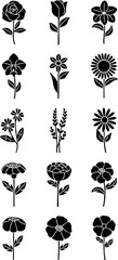 Set of Logotype Icons Featuring Various Flowers in Silhouette Form, Botanical Flower Icons for Branding, Nature-Themed Logos, Minimalist Floral Illustrations, Ideal for Packaging, Websites, and Statio