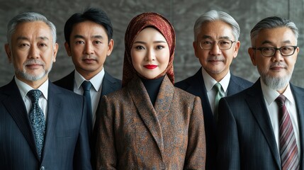 Senior business team from Malaysia, formal attire, resilient and authoritative, isolated, white background