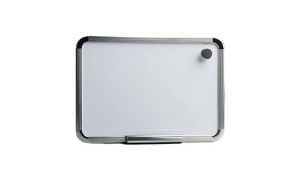 A white dry-erase board with a silver frame and a marker attached.
