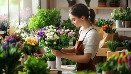 A florist arranges a colorful bouquet in a vibrant flower shop filled with lush plants and fresh blooms.