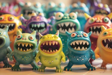 A close-up view of a group of toy monsters, suitable for use in illustrations, designs, and other creative projects