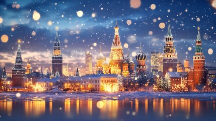Obraz premium Snowy Evening View of Illuminated Moscow Kremlin and Cityscape