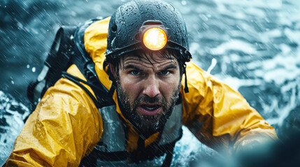 man in yellow rain jacket and helmet swims in rough waters, showing determination and resilience amidst heavy rain