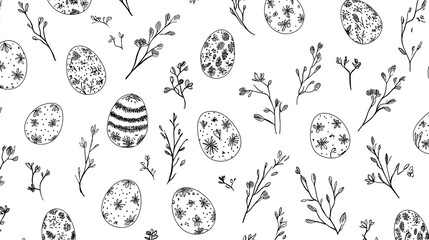 Seamless floral easter egg pattern with hand-drawn elements on white background