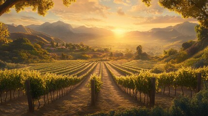 Fototapeta premium Serene Vineyard Landscape at Sunrise with Rolling Hills and Sunlit Grapevines Under a Beautiful Sky