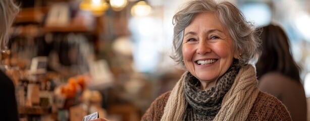 local love saturday, Happy Elderly Woman Greeting Customers in Local Shop