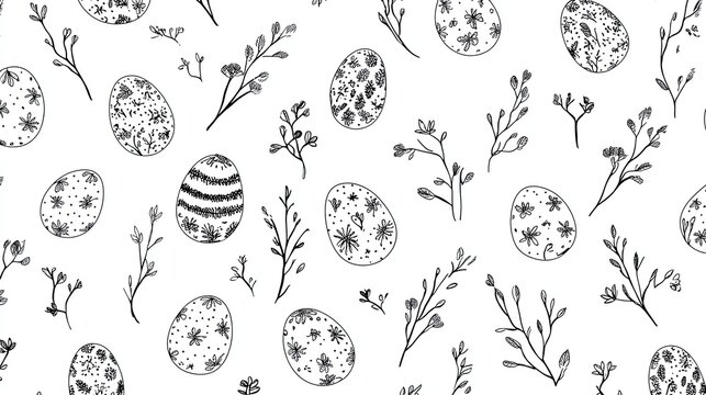 Seamless floral easter egg pattern with hand-drawn elements on white background