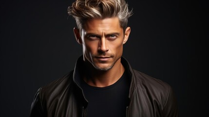 Obraz premium A man with a beard and a shaved head is wearing a black jacket and a black shirt