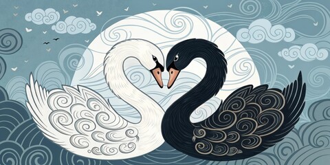 Ss in Harmony Two intertwined ss depicted in a yinyang formation surrounded by swirling patterns of clouds representing balance and duality.