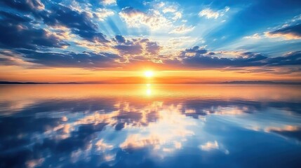 Fototapeta premium Beautiful Sunrise Over Calm Water with Dramatic Cloud Reflections and Soft Blue Sky Enhancing the Serene Natural Landscape Scene at Dusk
