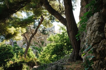 Obraz premium A wooden bench sits alone in a dense forest surrounded by trees and foliage