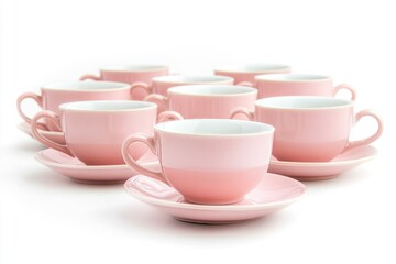 Fototapeta premium A collection of bright pink coffee cups and matching saucers on a table or countertop