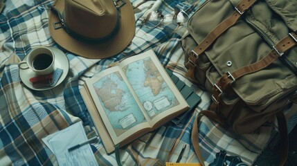 Fototapeta premium A person enjoying a cup of coffee with a book and hat on a blanket