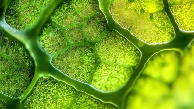 Detailed View of Vibrant Green Moss Cells Under Microscope with Visible Patterns