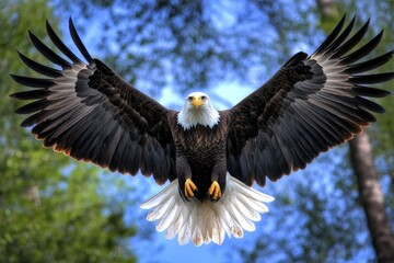 Obraz premium A majestic bald eagle spreading its massive wings in flight