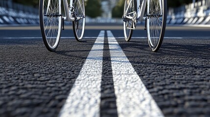 Naklejka premium Close-Up View of Bicycle Wheels on a Freshly Painted Lane with Dual Lines on a Sunny Day in an Urban Environment for Active Lifestyle and Cycling Themes