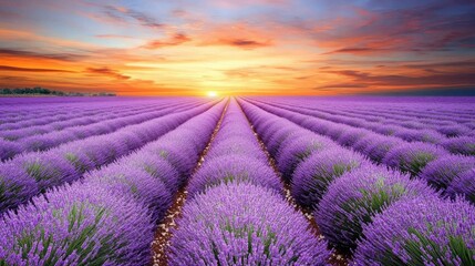 Obraz premium Serene Lavender Fields Under Vibrant Sunset Sky Offering a Captivating Landscape View of Nature's Beauty and Tranquility in Provence's Famous Lavender Gardens
