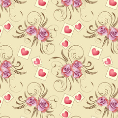 Naklejka premium Pattern with hearts and roses.Roses and hearts with lacy decor on a colored background in a seamless vector pattern.