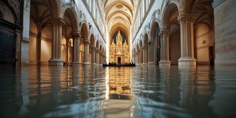 Obraz premium A serene flooded corridor creates a dreamlike atmosphere. Beautiful arches frame this stunning historic space. Soft reflections enhance the tranquil mood. Ideal for art and architecture lovers. AI.