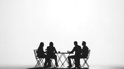 A group of people sitting around a table in a meeting, depicted as black silhouettes on a white background.