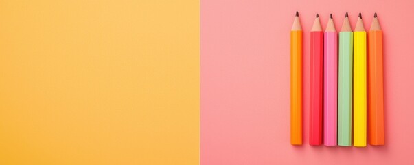 Colorful crayons arranged on a pink background, showcasing vibrant hues against a contrasting yellow side