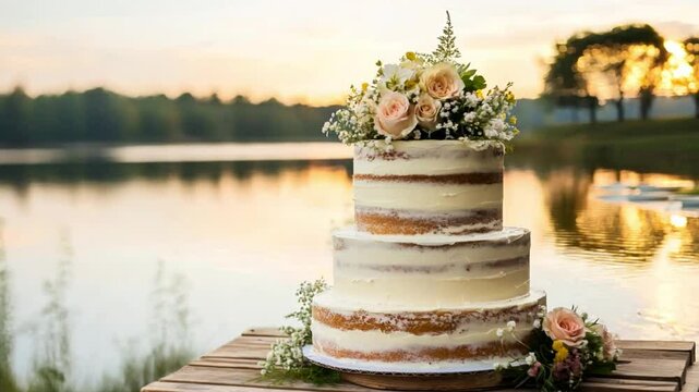 Beautiful three-tiered wedding cake with flowers displayed by a serene lakeside at sunset