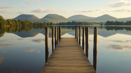 Naklejka premium Serene Wooden Pier Extending into Calm Lake Under Bright Sky Surrounded by Majestic Mountains and Lush Green Trees in Peaceful Landscape