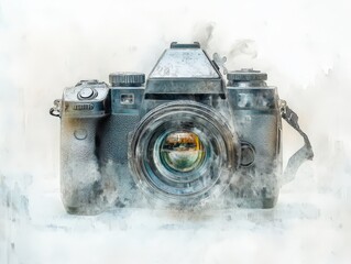 A vintage camera surrounded by an artistic mist, showcasing its classic design and intricate lens details. Perfect for photography themes.
