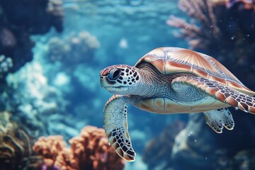 Obraz premium Turtle in Aquarium with Corals