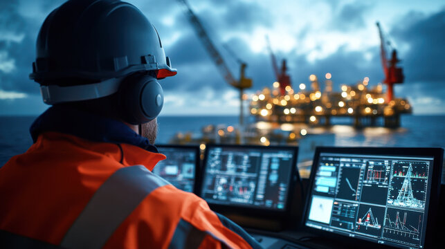 image shows control room operator monitoring offshore oil rigs at dusk, showcasing advanced technology and focused atmosphere