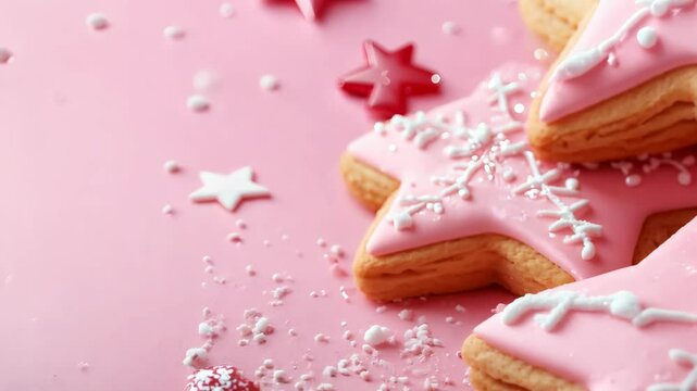 Pink star shaped cookies forming a border on pink background. Christmas cozy and birthday party design. Panorama banner