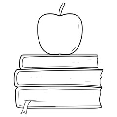 stacks of books and apple illustration hand drawn outline vector