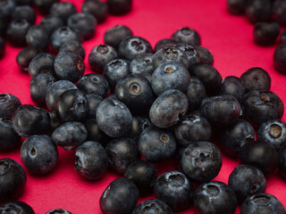 A pile of blueberries isolated on red background