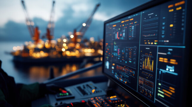 High tech control room monitoring maritime operations with data displays. scene captures intricate details of screens showing various metrics and blurred background of cranes and ships