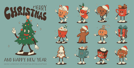 Fototapeta premium Christmas groovy foods and drinks design with coffee, hot cocoa, cookie, gingerbread, present, christmas tree in trendy retro cartoon style. Mascot Character in old 50s, 60s, 70s Vintage Style