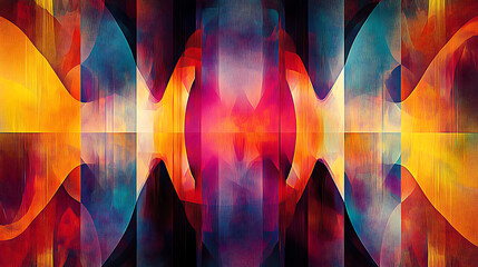 A visually engaging abstract geometric scene with symmetrical shapes, vibrant hues, and a sense of depth and movement 