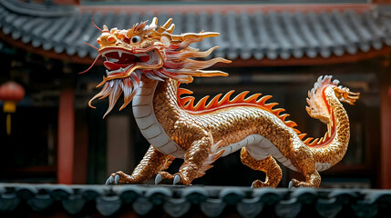 Fototapeta premium Golden Dragon Sculpture on a Roof Illustration