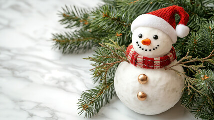 cheerful snowman wearing red hat and scarf sits among evergreen branches, embodying festive spirit of winter