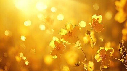 Golden wildflowers in sunlit field with warm bokeh effects