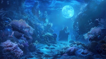 Fototapeta premium Under the moonlight the coral fragments glowed with an ethereal quality creating an otherworldly atmosphere underwater.