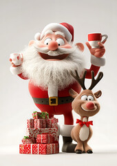 A chubby, cheerful Santa Claus with a dopey expression shares eggnog with a fluffy, smiling reindeer. Festive wrapped gifts lie at their feet on a white background