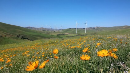 Sustainable Energy Wind Farm in Blooming Spring Landscape